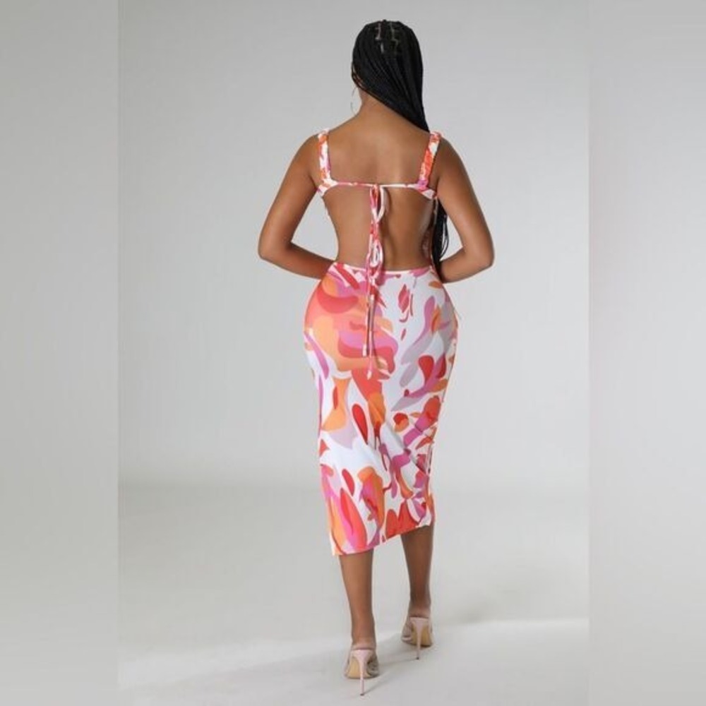 MICAS Women's‎ Abstract Print Maxi Dress Ruched Bodice Cutout Back Side Slit L - Picture 4 of 11